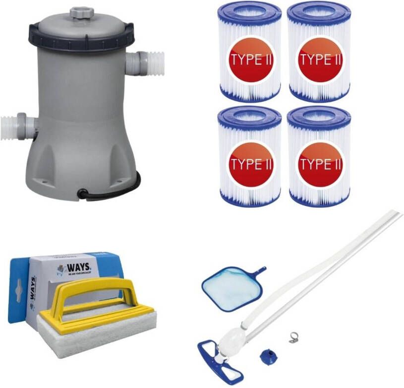 Bestway Zwembadstofzuiger Aquaclean & Filterpomp 2006 L/u & 4 Filters Type Ii & Ways Scrubborstel