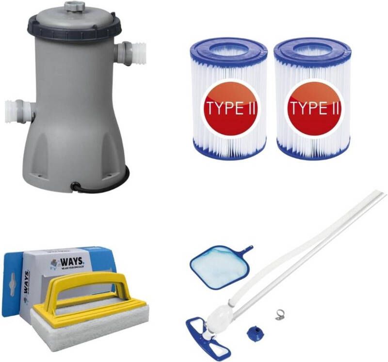 Bestway Zwembadstofzuiger Aquaclean & Filterpomp 3028 L/u & 2 Filters Type Ii & Ways Scrubborstel