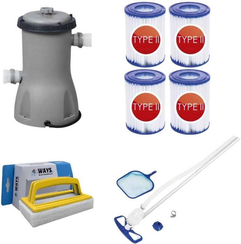 Bestway Zwembadstofzuiger Aquaclean & Filterpomp 3028 L/u & 4 Filters Type Ii & Ways Scrubborstel