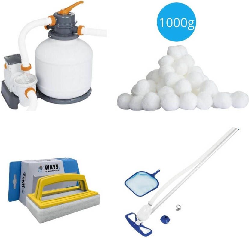 Bestway Zwembadstofzuiger Aquaclean & Zandfilterpomp 5678 L/u & Filterbollen 1000 G & Ways Scrubborstel