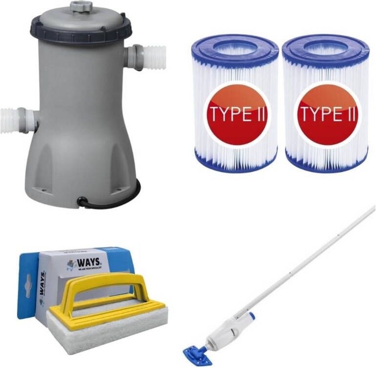 Bestway Zwembadstofzuiger Aquareach & Filterpomp 3028 L/u & 2 Filters Type Ii & Ways Scrubborstel