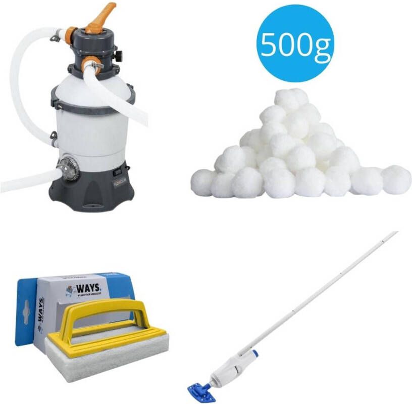 Bestway Zwembadstofzuiger Aquareach & Zandfilterpomp 3028 L/u & Filterbollen 500 G & Ways Scrubborstel
