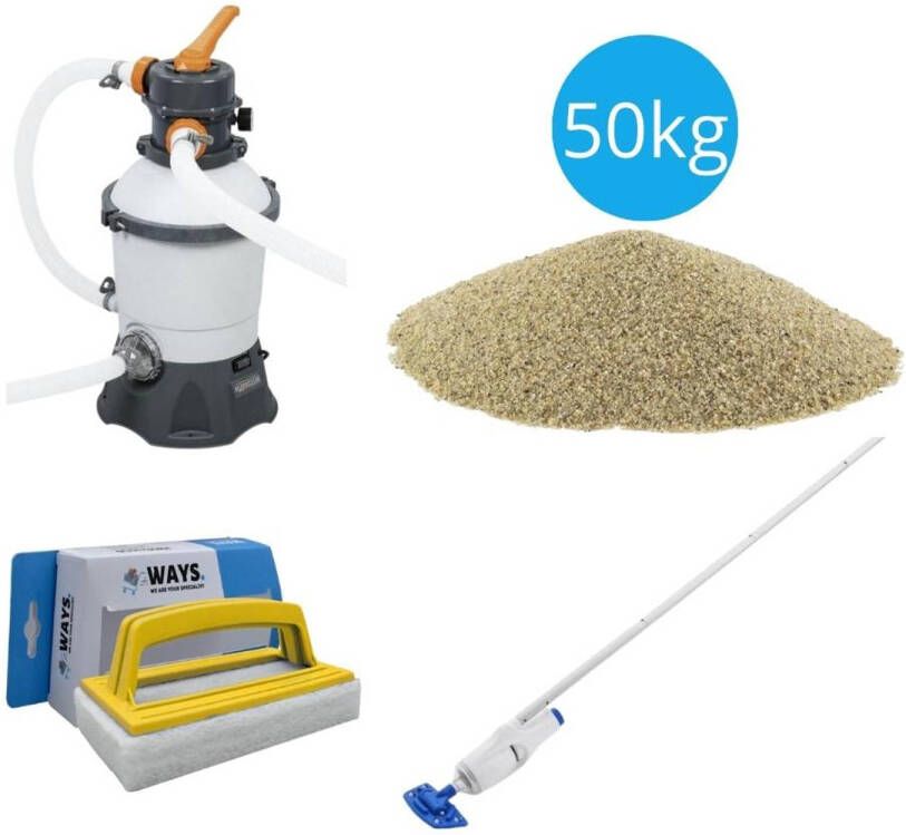 Bestway Zwembadstofzuiger Aquareach & Zandfilterpomp 3028 L/u & Filterzand 50 Kg & Ways Scrubborstel