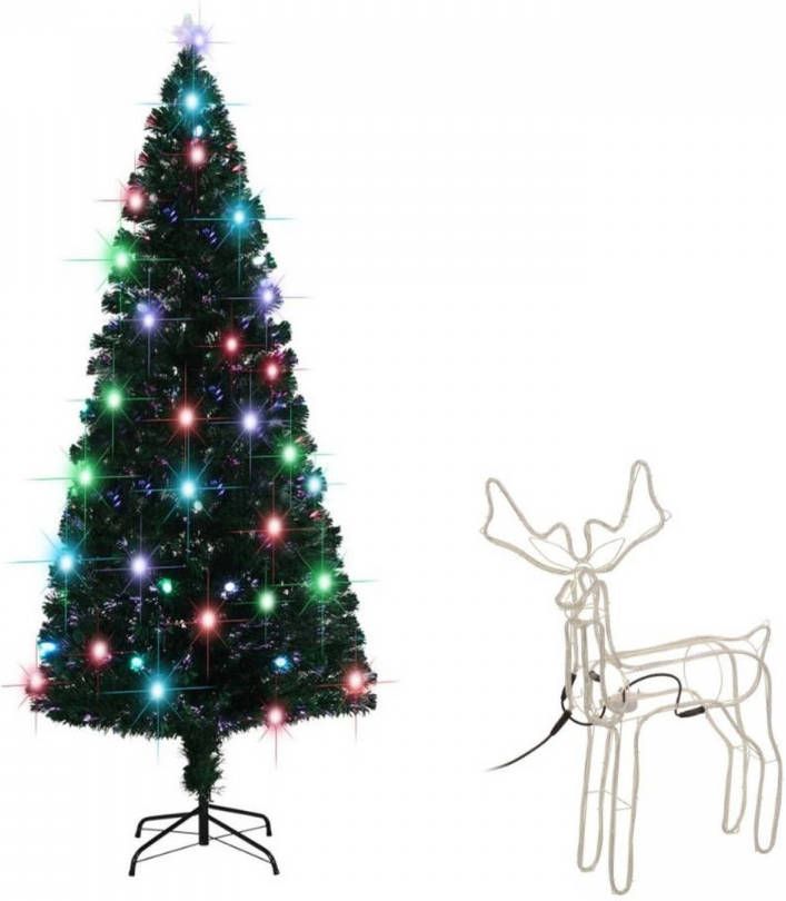 VidaXL Kerst Bundel Kunstkerstboom 210 Cm Met Led & 3d Rendier Lichtslang 60 Cm