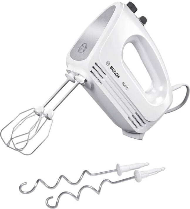 BOSCH Handmixer CleverMixx MFQ24200 inclusief edelstalen turbogarde en edelstalen deeghaken, 4 snelheidsinstellingen, licht en ergonomisch, wit/zilver